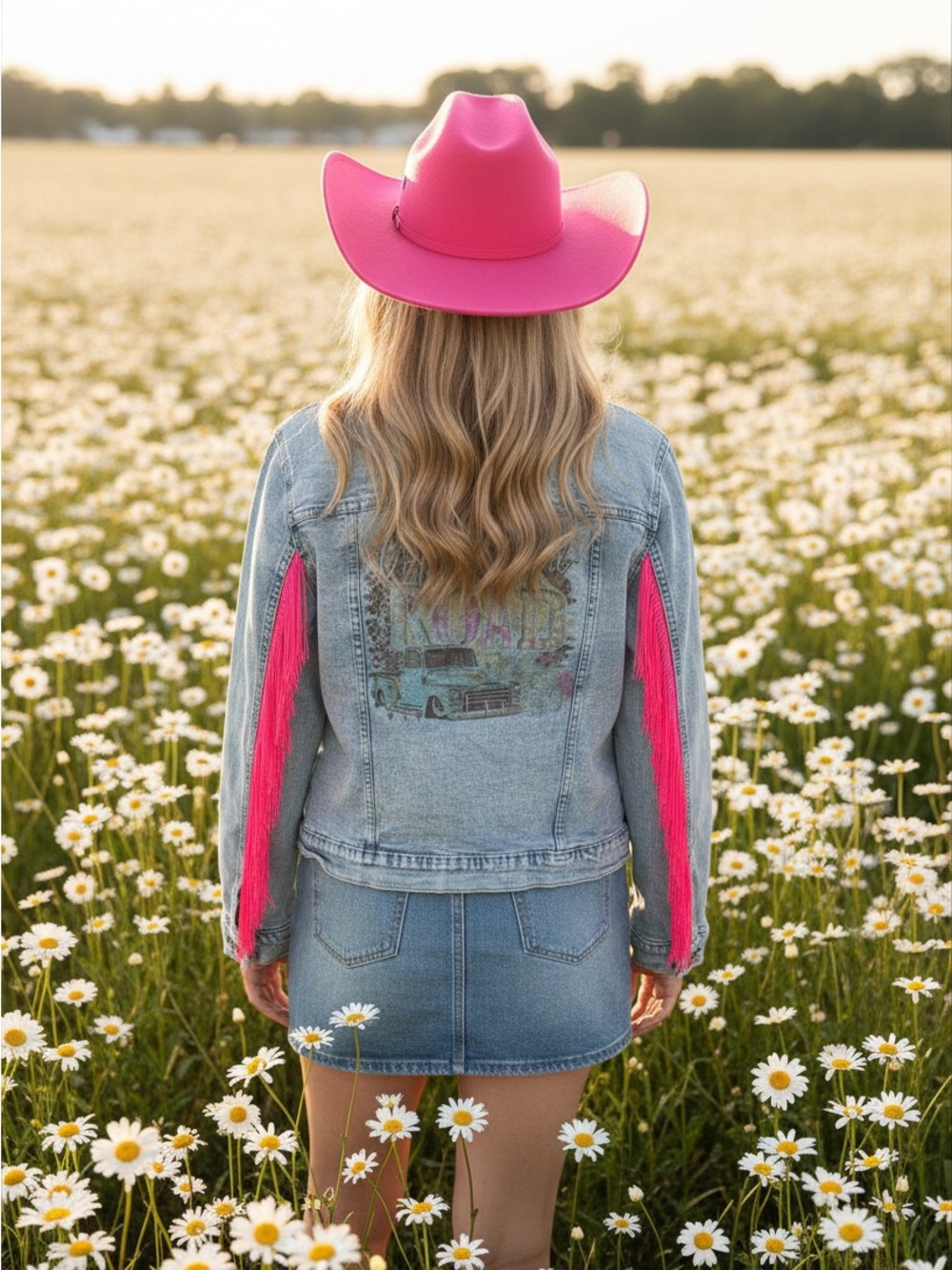 Women’s Light Blue Denim Skirt and Jacket Set with Pink Fringe
